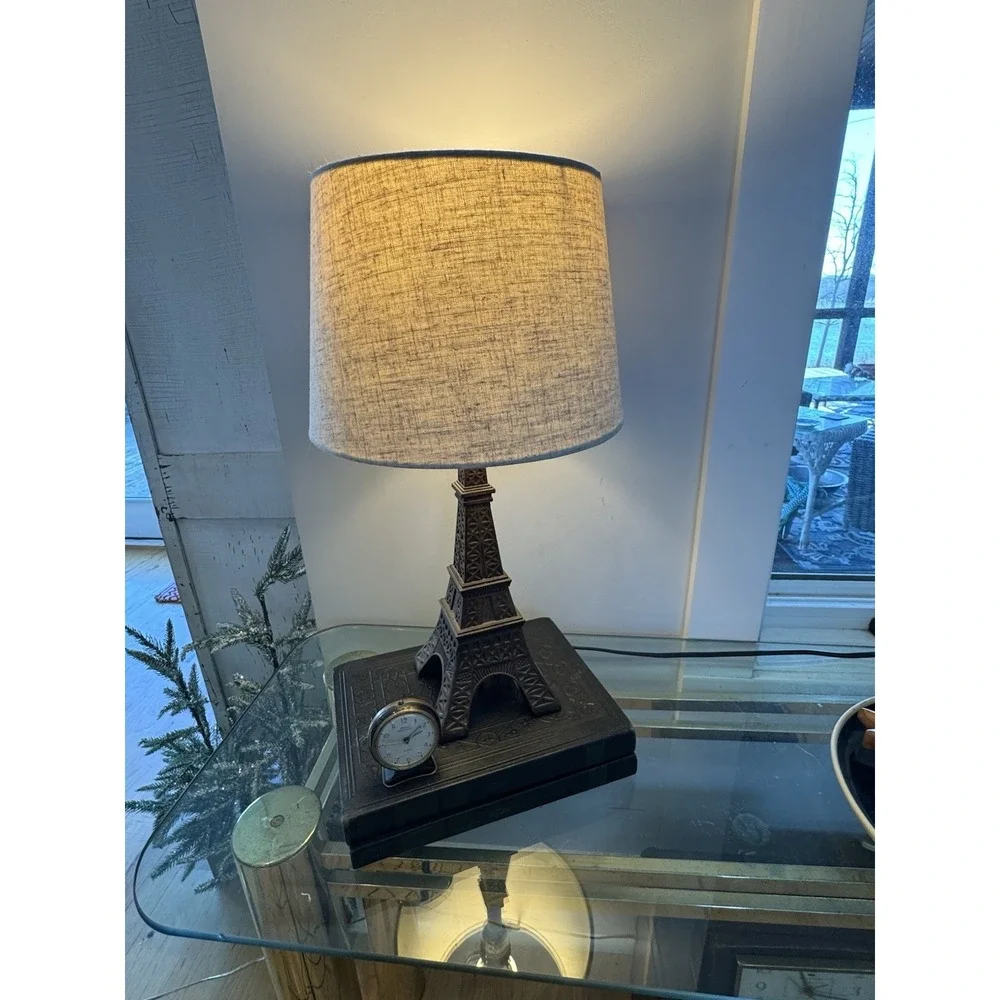 Eiffel Tower Lamp Base Metal 14.5in‎ With Linen Cream/tan Shade GW993